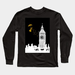 Mary Poppins and Big Ben Linocut Print in white, black and gold Long Sleeve T-Shirt